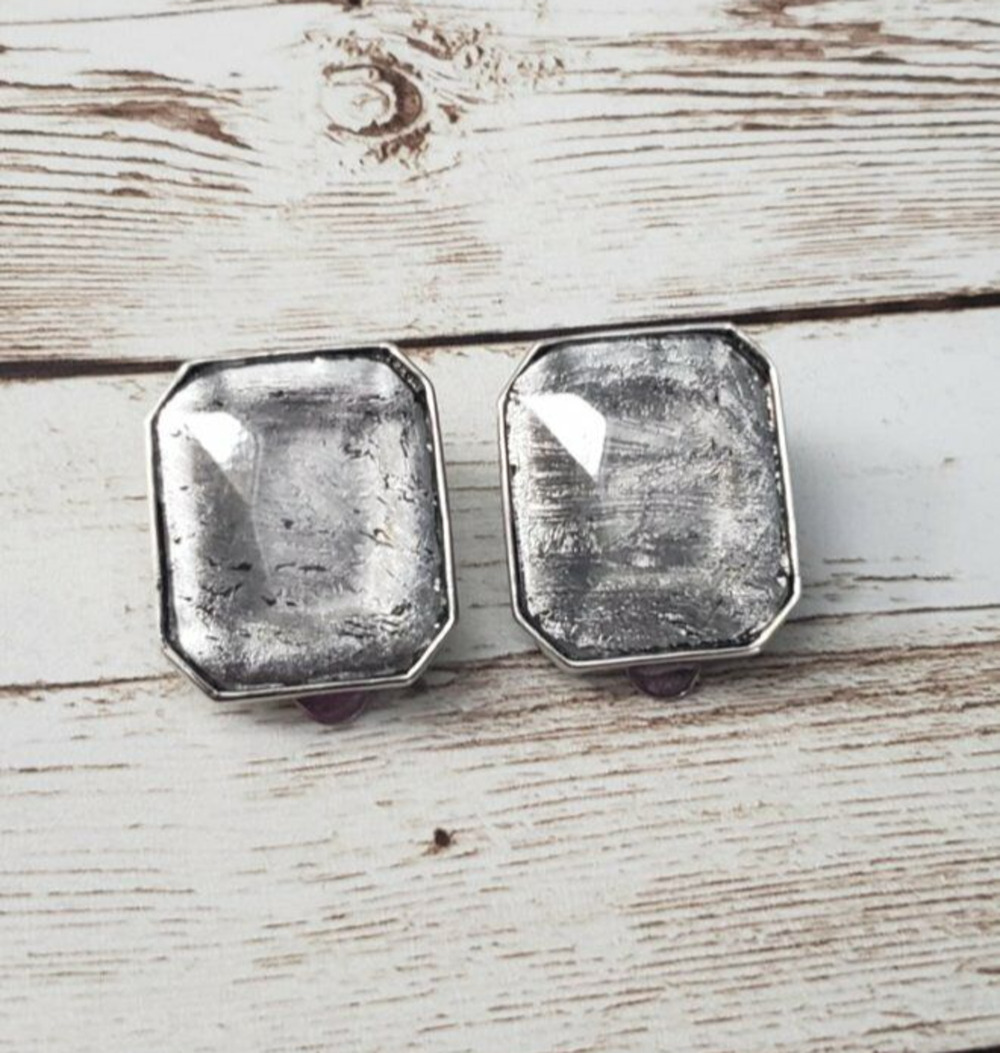 Vintage Nine West Clip On Earrings Large Silver Tone with Distressed Silver Gem